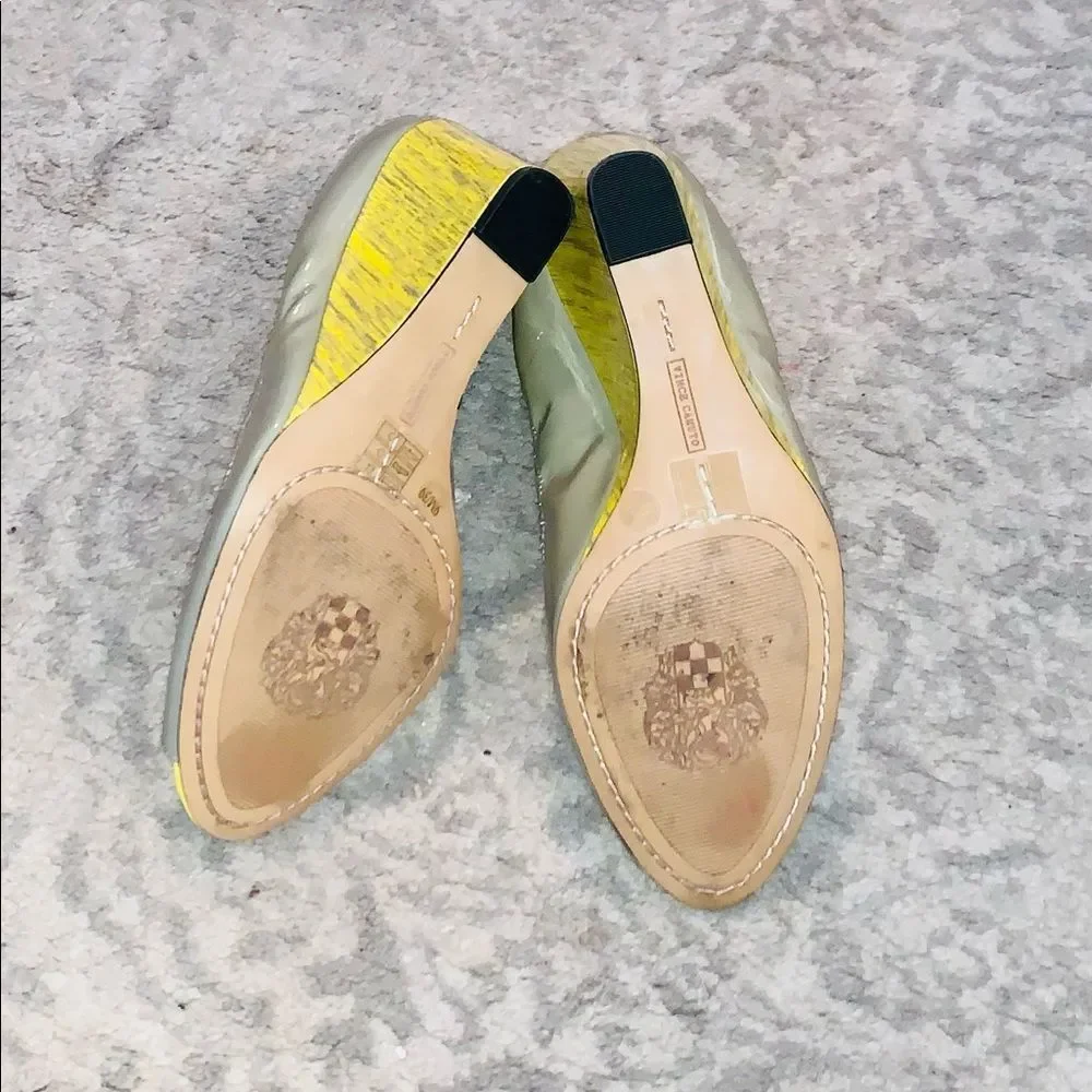 Vince Camuto Grey & Yellow Peek Toe Wedges